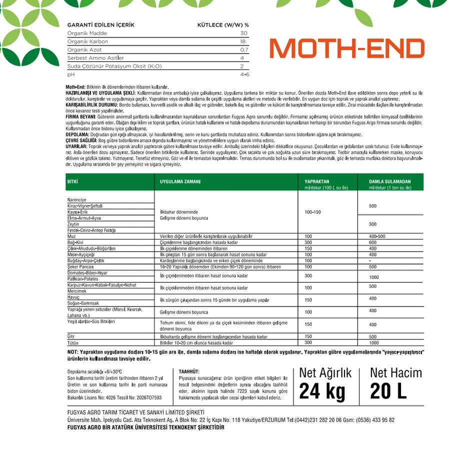 MOTH-END garanti edilen içerik ve uygulama tablosu arka etiket
